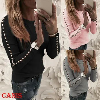 

Pearls Patchwork Long Sleeve T-shirt Outwear Women Ladies Autumn T Shirt Tops Blouse Loose Causal O-neck Cotton Tee Shirt 2019
