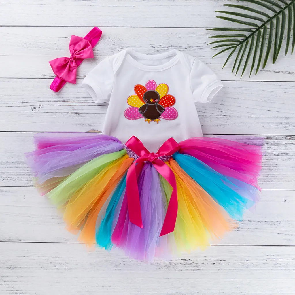 

Summer Fashion Toddler Baby Kids Girls Thanks Giving Day Turkey Mesh Romper Tutu Skirt Hairband Set Free Ship roupa infantil Z4