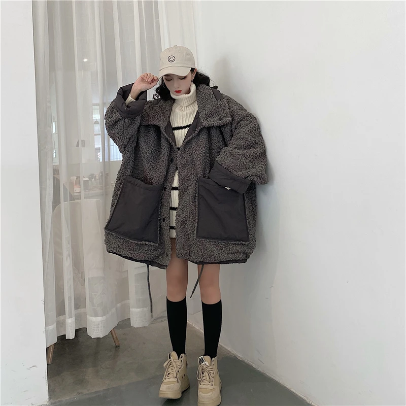 Harajuku осеннее и зимнее корейское шерстяное пальто средней длины для женщин Новое Двухслойное свободное плотное пальто с длинными рукавами