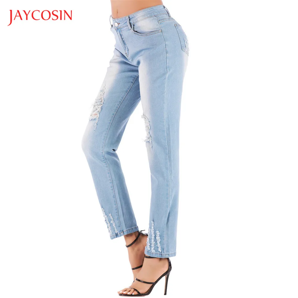 Jaycosin новые модные женские джинсы деним винтажные потертые джинсы старого размера плюс с дырками джинсы с карманами на пуговицах повседневные женские штаны