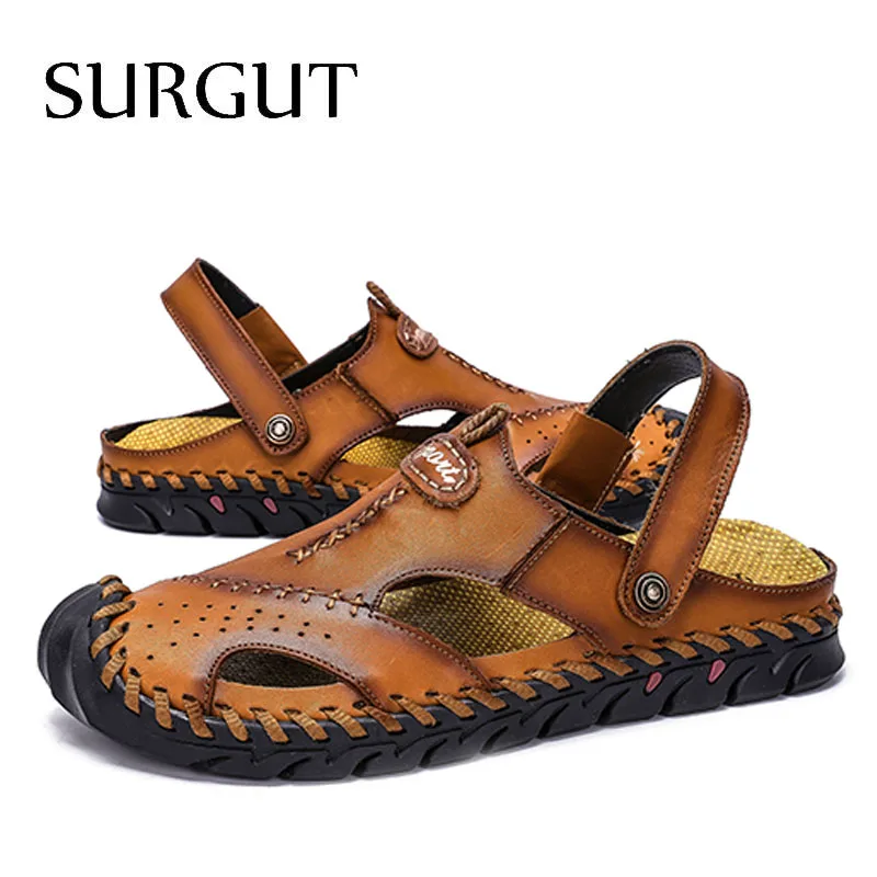 SURGUT Genuine Leather Men's Sandals Summer Soft Shoes Beach Men's Sandals High Quality Hot Sale Sandals Slippers Size 38~48
