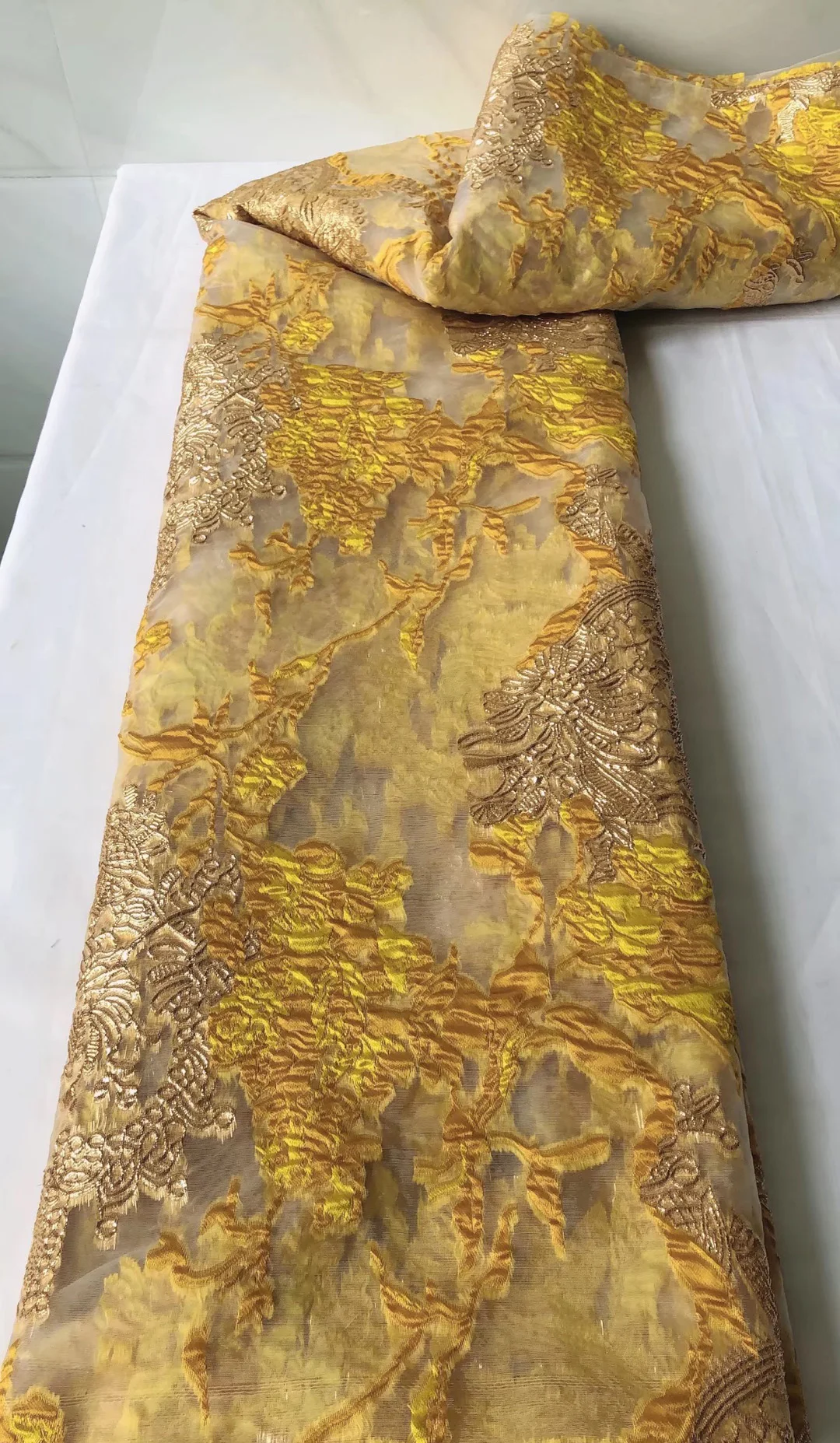 

(5yards/pc ) Hottest selling African brocade tulle lace fabric gold jacquard French net lace fabric for party uniform FHS004