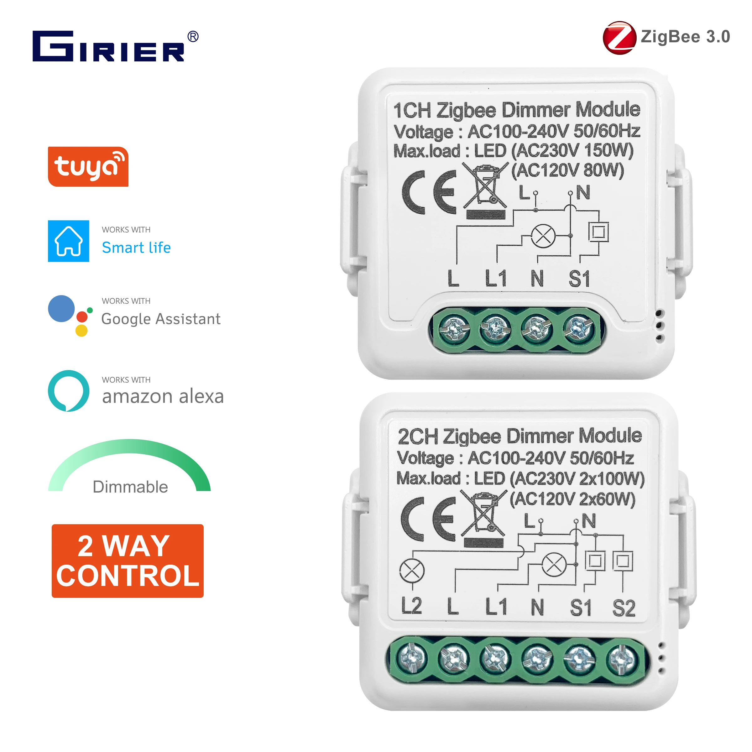 GIRIER Tuya ZigBee 3.0 Smart Dimmer Switch Module 10A/16A, Supports 2 Way Control Dimmable Switch, Works with Alexa Google Home