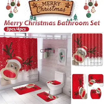

Christmas Shower Curtain Sets High Quality Non-Slip Pedestal Rugs Toilet Lid Bath Mat Waterproof Bathroom Curtains Bathroom Dec