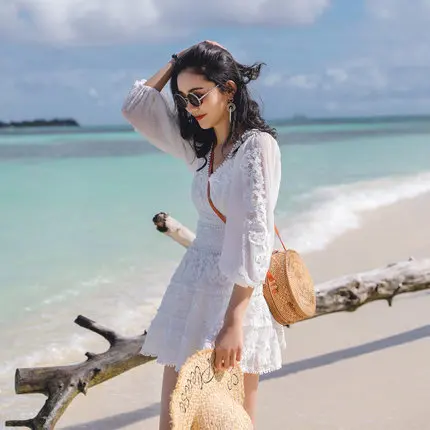 

Summer New Style WOMEN'S Dress Elegant Waist Hugging Beach Skirt Seaside Holiday Lace Lantern Sleeve Graceful Dress Xw070