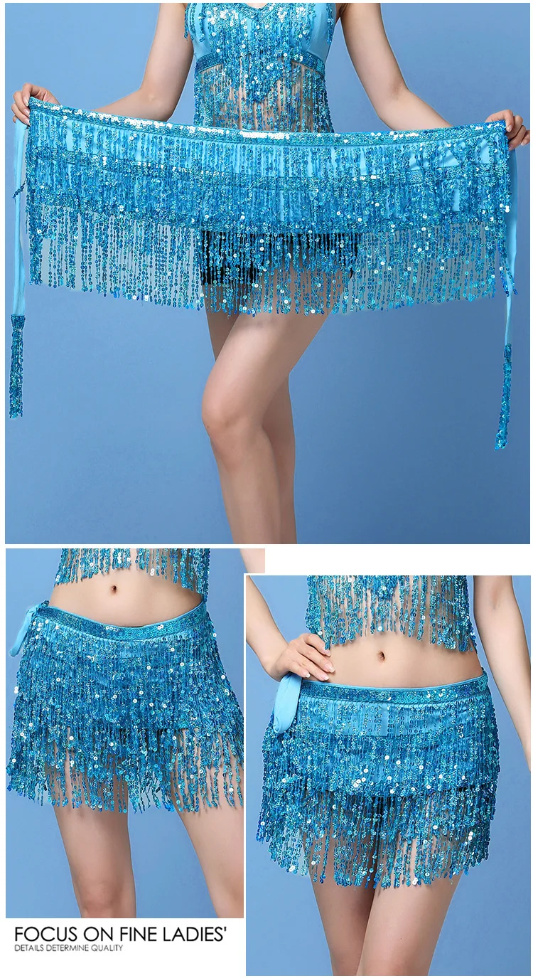 17 Colors Women Bellydance Clothing Accessories Tassel Belts 4 Rows Strips Rectangle Belly Dance Hip Scarf Sequins Fringes Belt