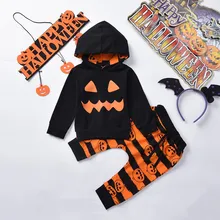 Костюмы для Хэллоуина; детская одежда для мальчиков; хлопковая толстовка с капюшоном с длинными рукавами и буквенным принтом тыквы+ брюки; комплект одежды; roupa infantil