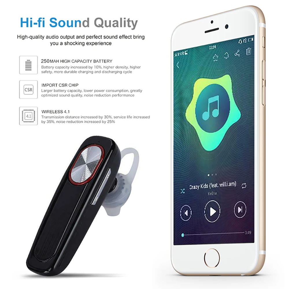 Men Wireless Bluetooth Single Earphone Business In Ear Headset Hands free Stereo Long Standby Time with Ear Hook for iPhone 11