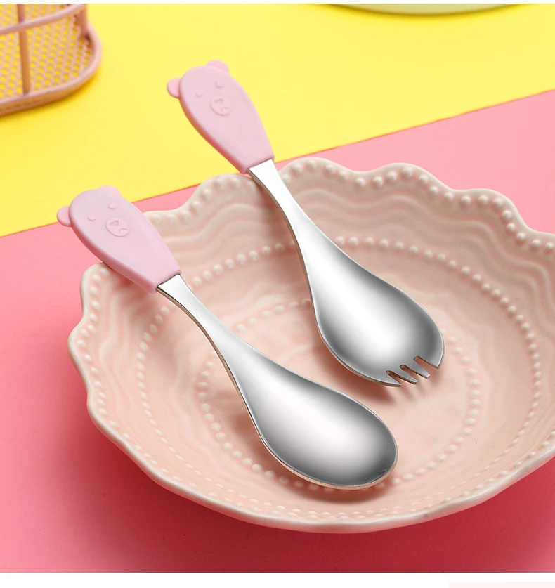 Portable Silicone Cutlery Travel304 Stainless Steel Kids Tableware Spoon Fork Creative Cute Children Student Cutlery Box Set 5CD