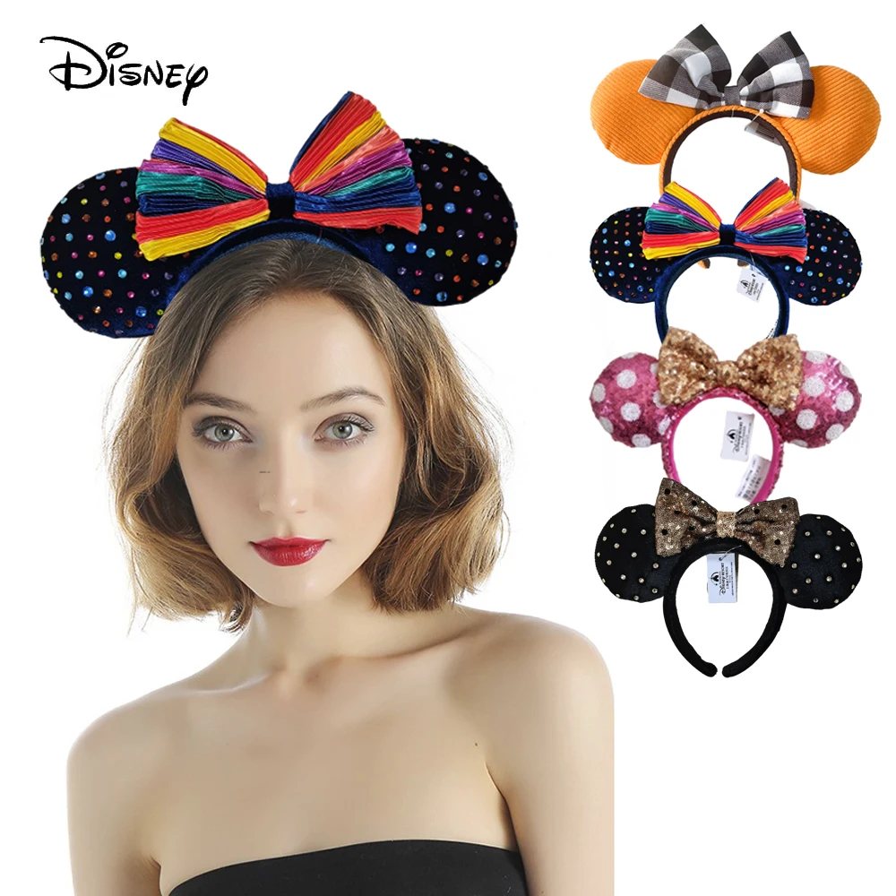 Disney 3D Pumpkin Mickey Mouse Headband Wave Point Rainbow Big Bows EARS COSTUME Headband Cosplay Plush Adult/Kids Headband Gift