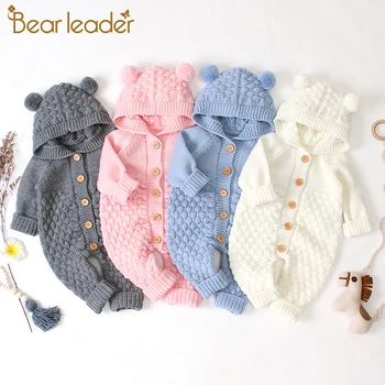 

Bear Leader Autumn Winter Newborn Baby Boys Girls Bear Ear Knit Romper Hooded Sweater Jumpsuit Outfit New Fall Clothes for Kids