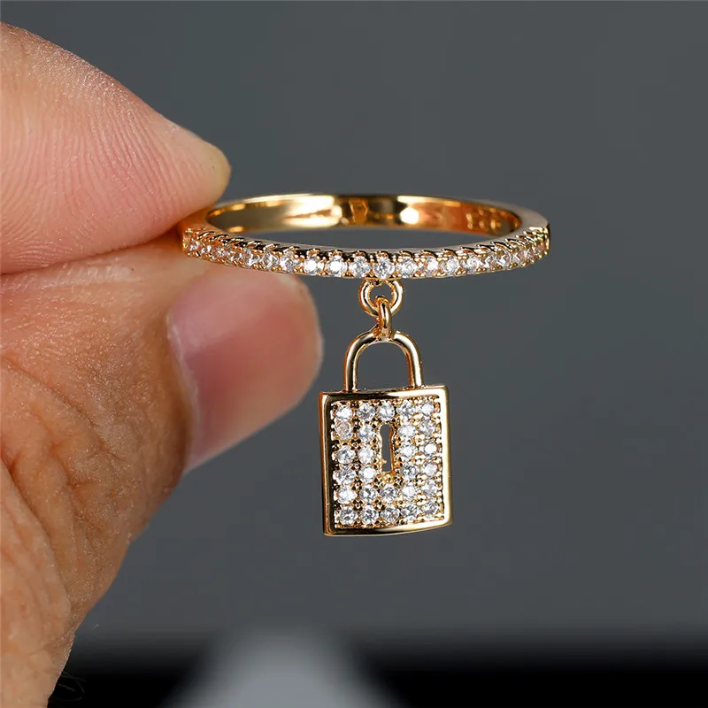 Luxury female crystal lock pendant ring trendy gold silver color engagement jewelry charm white zircon wedding rings for women crystal rings engagement rings zircon rings stone rings fashion rings gold rings wedding rings fashion ring finger rings metal rings