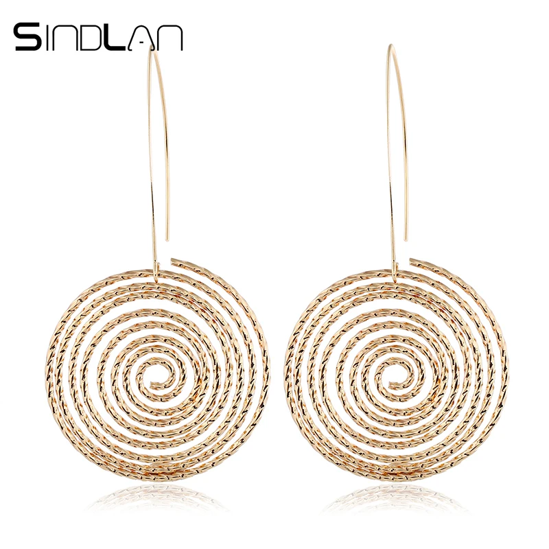 

Sindlan Exaggerated Hollow Big Round Earrings for Women Boho Gold Long Dangle Snail Earrings Fashion Female Brincos Jewelry