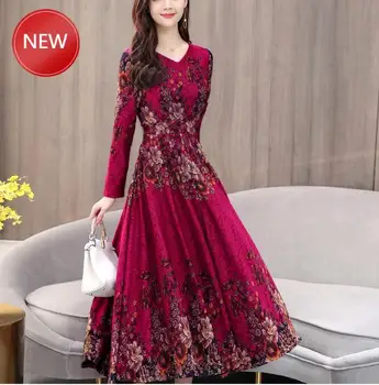 

New Arrival Plus Size S-5XL Autumn Winter V Collar Flower Printed Long Sleeve Woman Long Dress High Quality