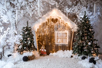 

Christmas Tree Backdrop Winter Snowscape Wood House Decorations Background Holiday Events Cake Table Photo Booth Banner W-3507