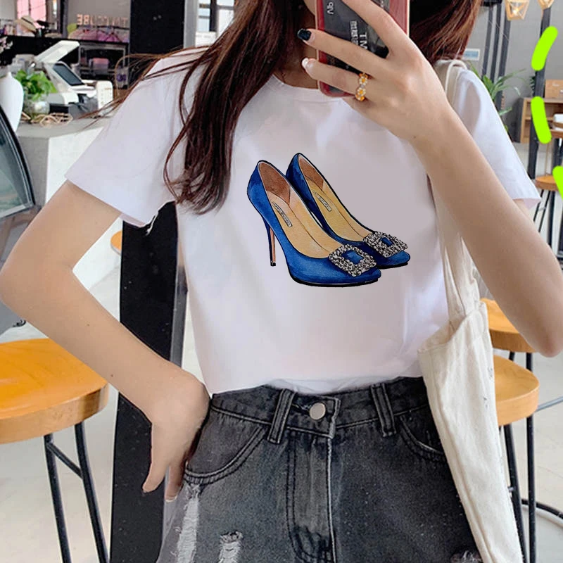 Sexy cartoon high heels Printed T Shirt Women Top Tees Harajuku kawaii Short Sleeve Ulzzang T-Shirt Femme   Camisetas Mujer 2020