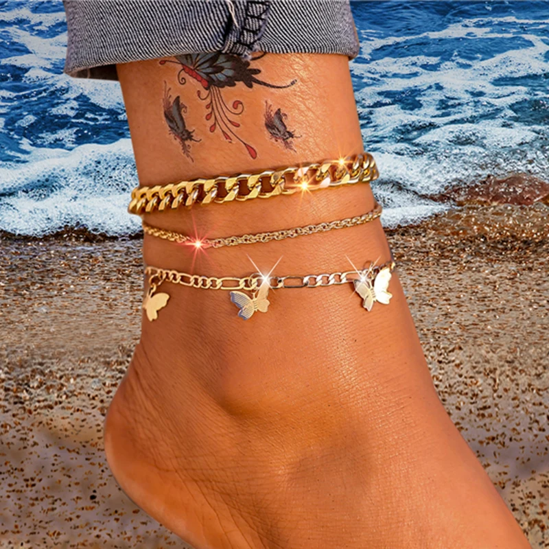 Fashion Gold Color Snake Chain Multilayer Anklets Women Beads