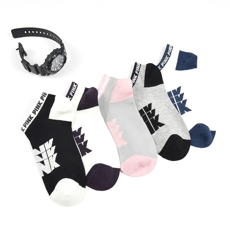 Розовые женские носки с английским алфавитом, женские носки-башмачки, модные спортивные Брендовые женские Носки ярких цветов,, корейские