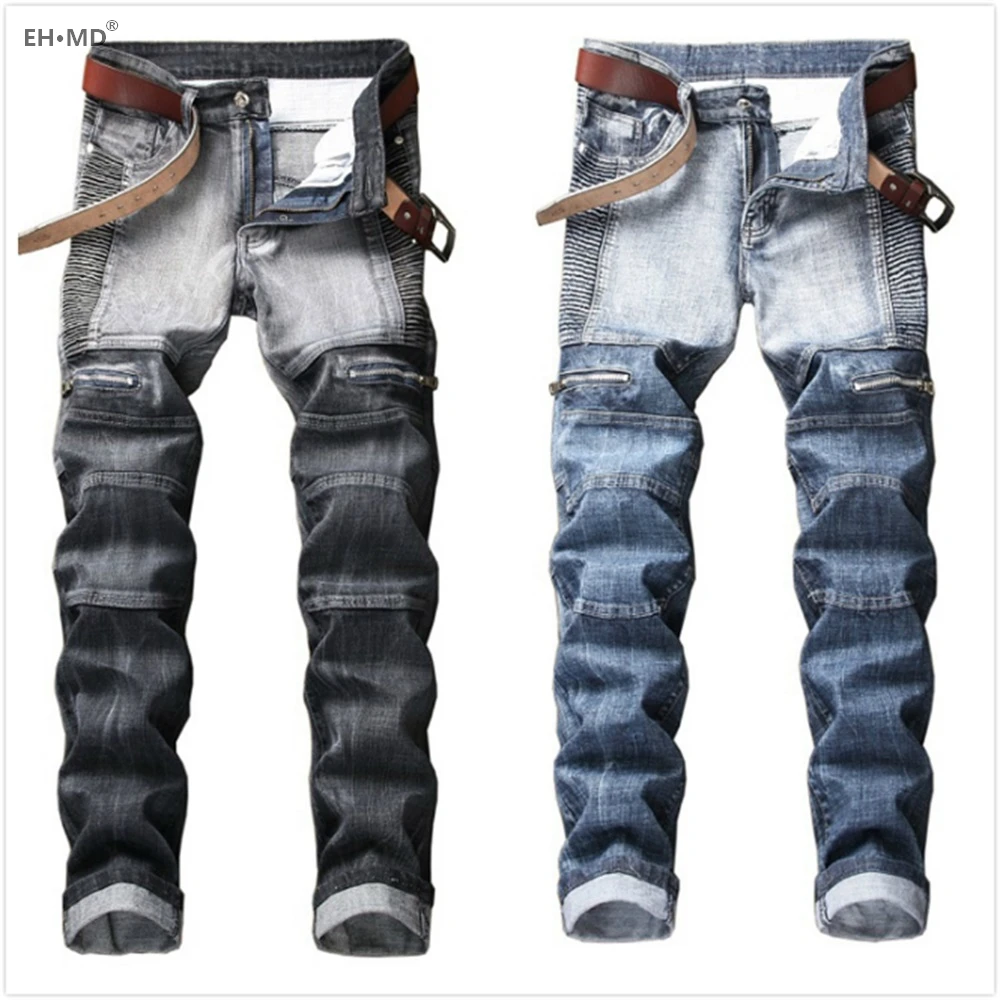 

EHÂ·MDÂ® Zipper Pocket Men's Denim Folds Wave Decorative Trousers Fashionable Blue And Gray Stitching Slim Stretch Different Color