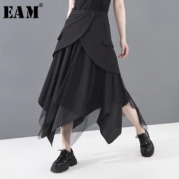 

[EAM] High Waist Black Asymmetrical Mesh Split Temperament Half-body Skirt Women Fashion Tide New Spring Autumn 2020 JK09801