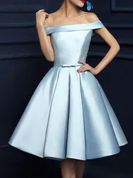 Sky Blue Homecoming Dresses Short 2020 Knee Length Lace Up Draped A-Line Off Shoulder Graduation Dress Prom Party Gowns Cheap