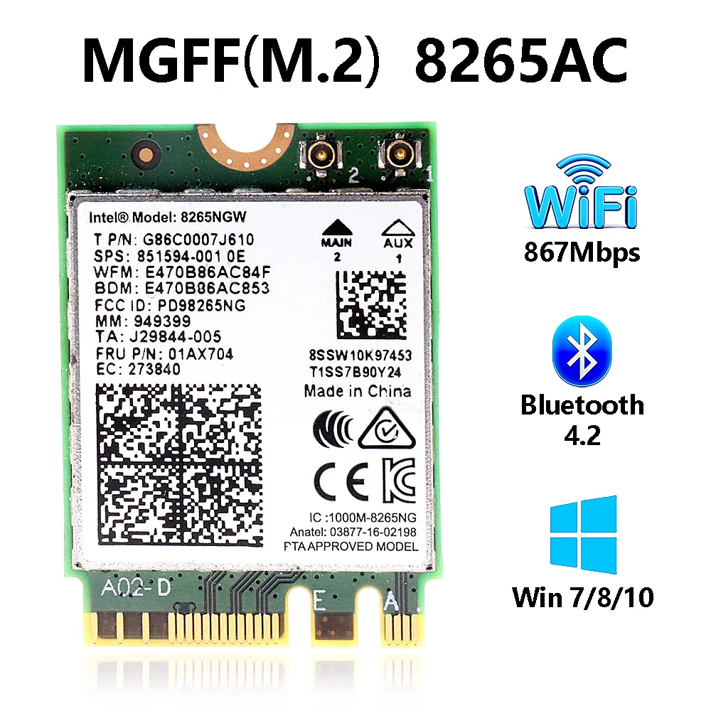 8265 8265NGW 851594-001 NGFF Band 802.11ac 2.4G/5G 867Mbps WiFi Card + Bluetooth 4.2 for Intel Dell Toshiba