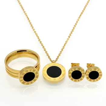 

Fashion Women Brand Jewelry Roman Letter Gold Color Stainless Steel Pearl Shell Wedding Jewelry Sets Necklace+Earrings+Ring
