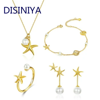 

DISINIYA Summer Hot Sale Starfish with Pearl Jewelry Sets Gold Color Korean Style 925 Sterling Silver Fashion Jewelry