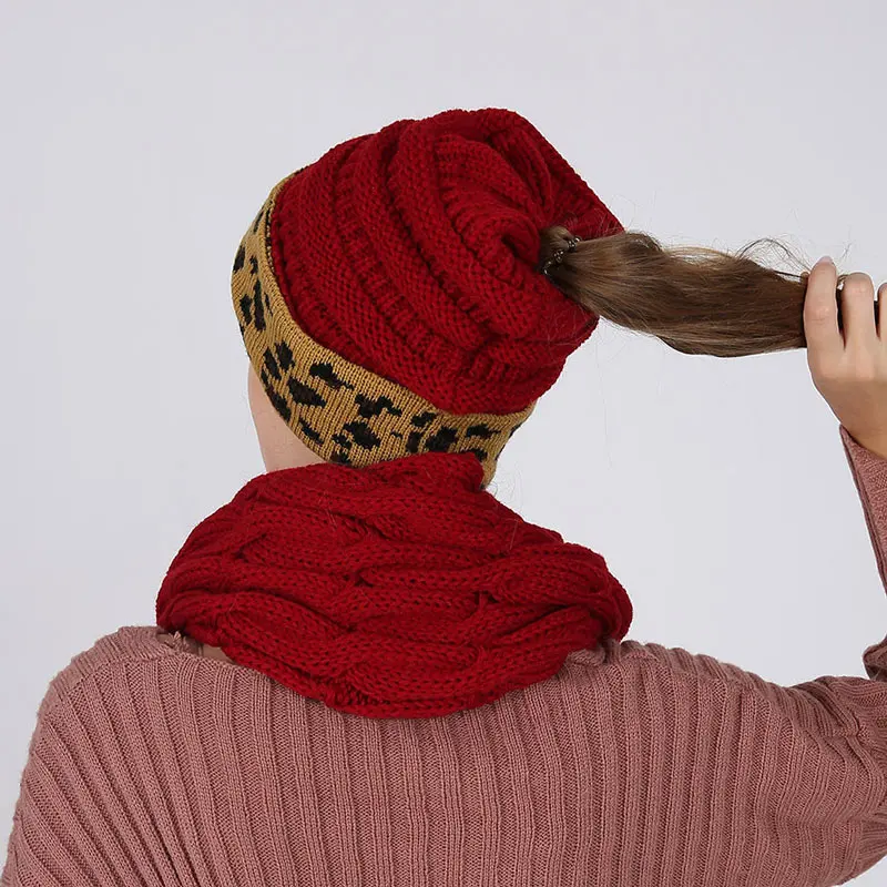 Женские зимние шапки, леопардовые, конский хвост, шапочки, шапка, шарф, набор для женщин, теплая шерстяная шапка, стильная вязаная шапочка, шарфы, шапка s