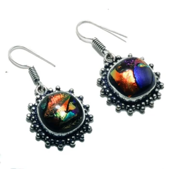 

Fancy Dichroic Glass Silver Overlay on Copper Earrings, 36.6 mm, E4408