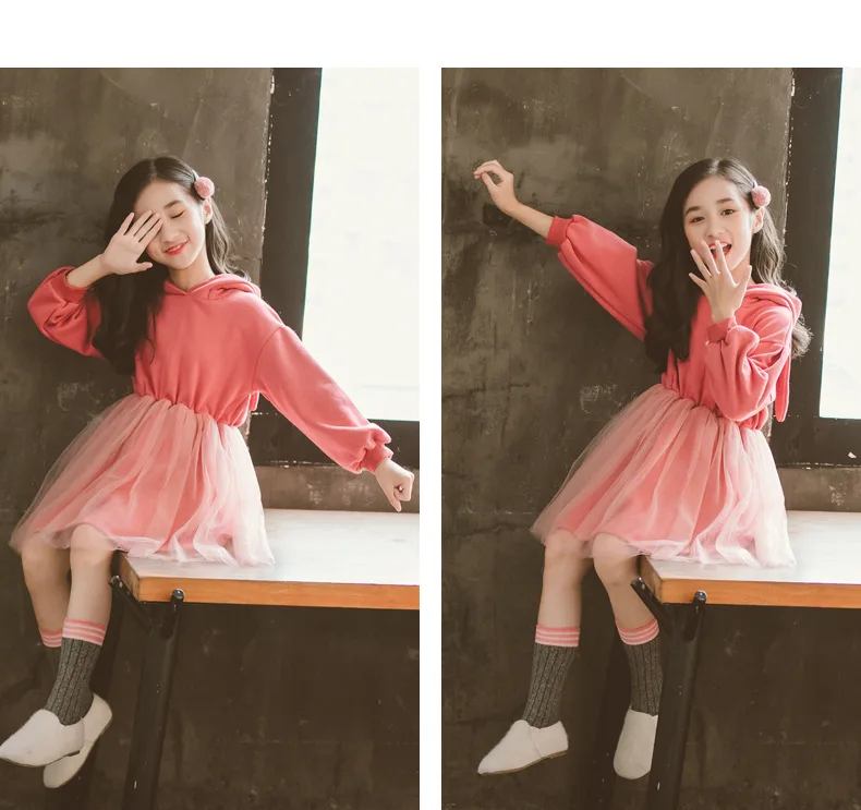 2020 Spring Autumn Big Girls Cute Pink Rabbit Ears Hooded Sweater Dresses Children Cotton Mesh Dress Blue Size 6 8 9 10 11 12 13 (10)