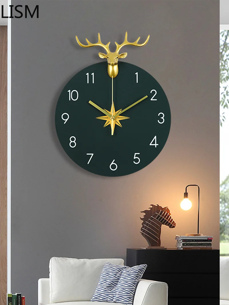 

Pendulum Wall Clock Vintage Nordic Wall Clock Living Room Deer Head Wall Hanging Clock Wall Watch Personality Art Decoration