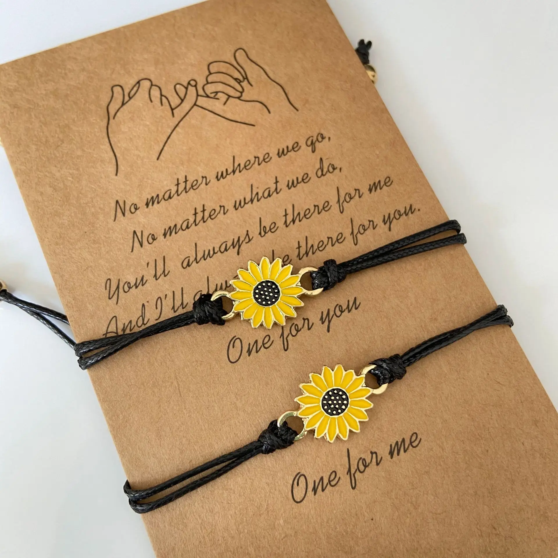 

Cotton Cord Sunflower Bracelets Handmade Braided with Black Rope Charm Friendship Wish Card Surf Bangle Jewelry Gift