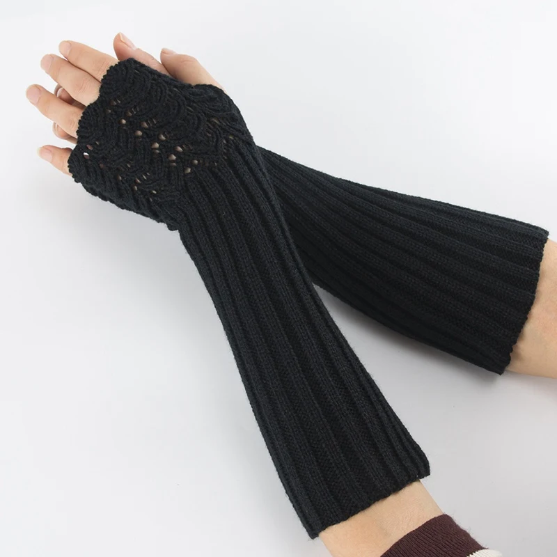 Зимние женские варежки с длинным рукавом, однотонные Мягкие толстые теплые акриловые тянущиеся вязаные перчатки без пальцев