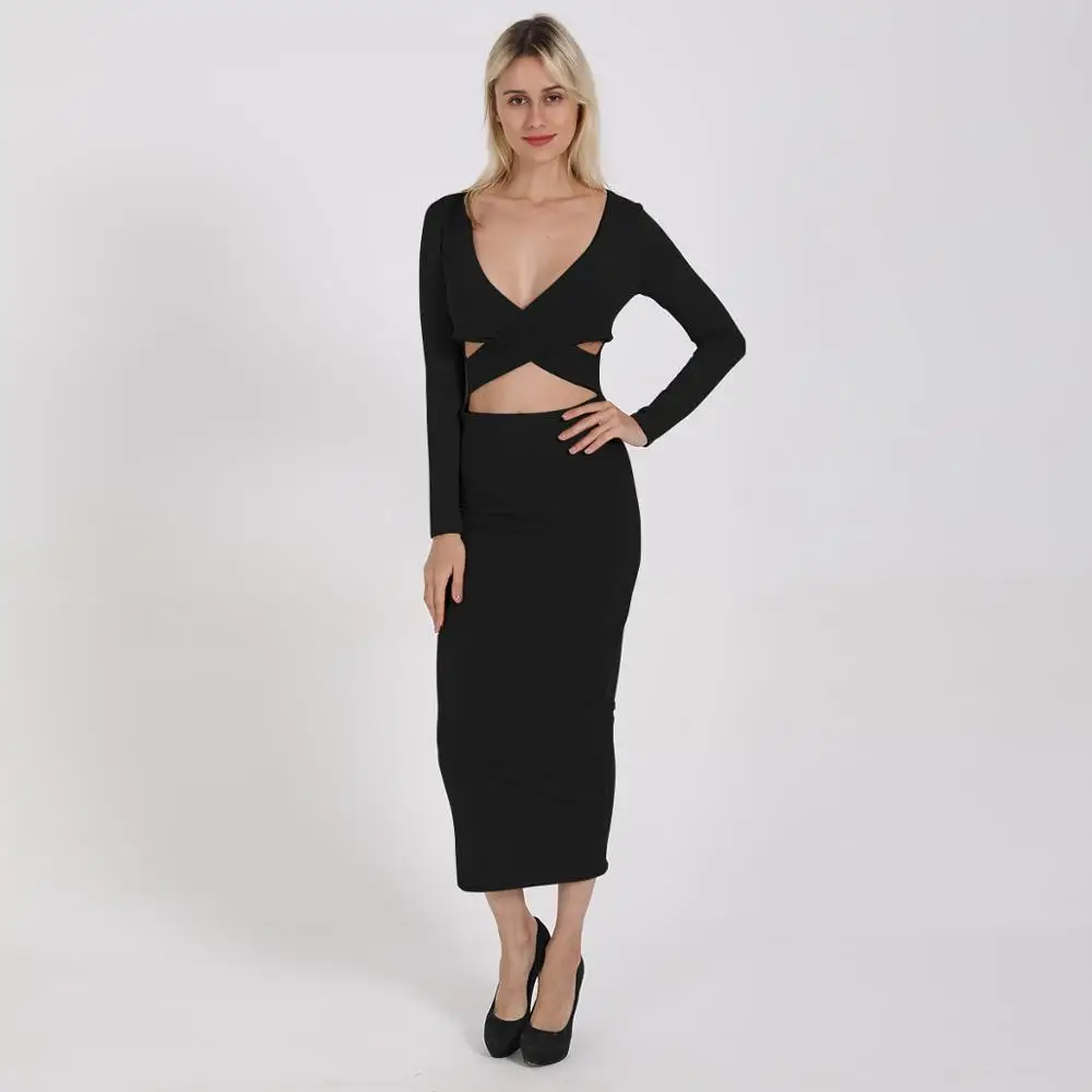 

Autumn Women dress inner fluffy winter V-neck long sleeve sheath Mid-calf dresses Hollow out solid color drop shipping