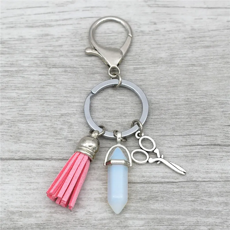 

10pcs/lot Wholesale Hairstylist Keychain Natural Stone Scissors Key Chains Tassel Keyring for Women Men Jewelry Barber Gifts