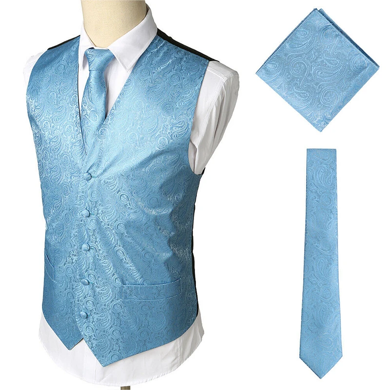 Hot Mens Black Waistcoats Slim Fit Men 3pcs Vest+Necktie+Handkerchief Set Paisley Jacquard Tuxedo Suit Vest For Party Wedding