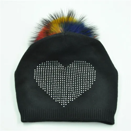 Black colorful fur Шапки с меховым бомбоном Кепки Pom Poms зимняя женская шапка для девочек стразы женские шапки, вязанные шапки бини шапки Кепки Фирменная новинка, плотная женская меховая Шапки - Цвет: Black colorful fur