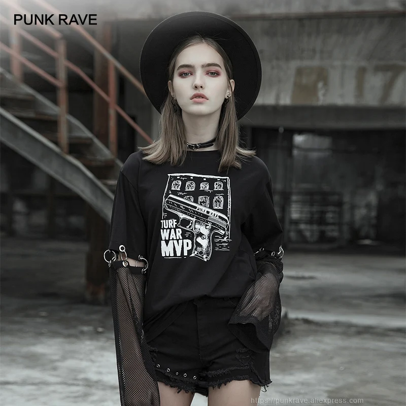 Черный Панк RAVE Girl's Gothic Printed свободная черная футболка со съемными рукавами Harajuku женская футболка Забавные футболки уличная одежда - Цвет: Черный