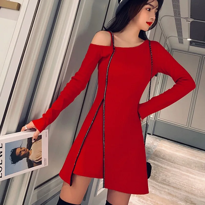 

Autumn New Women Dress Casual Long Sleeve Solid Color Temperament Dresses Vestidos Women Sexy Off Shoulder Irregular Dress