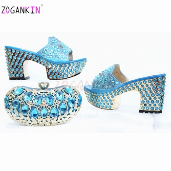 

Ins Hot Selling Italian Women Shoes Matching Bag with Shinning Crystal in Sky Blue Platform Slipper African Lady Shoes and Bag