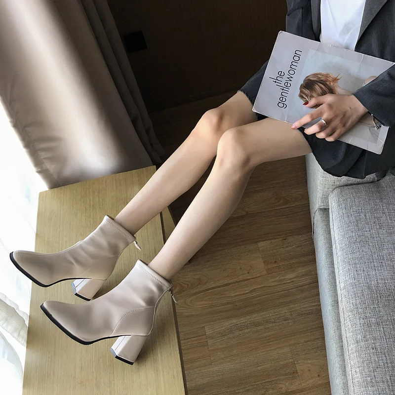 

Female thick with square head qiu dong high-heeled shoes head layer cowhide leather high heels boots Martin short boots