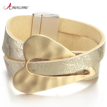 

Amorcome Champagne Metal Heart Charm Leather Bracelets for Women Fashion Wide Wrap Bracelet Female Jewelry Birthday Gifts