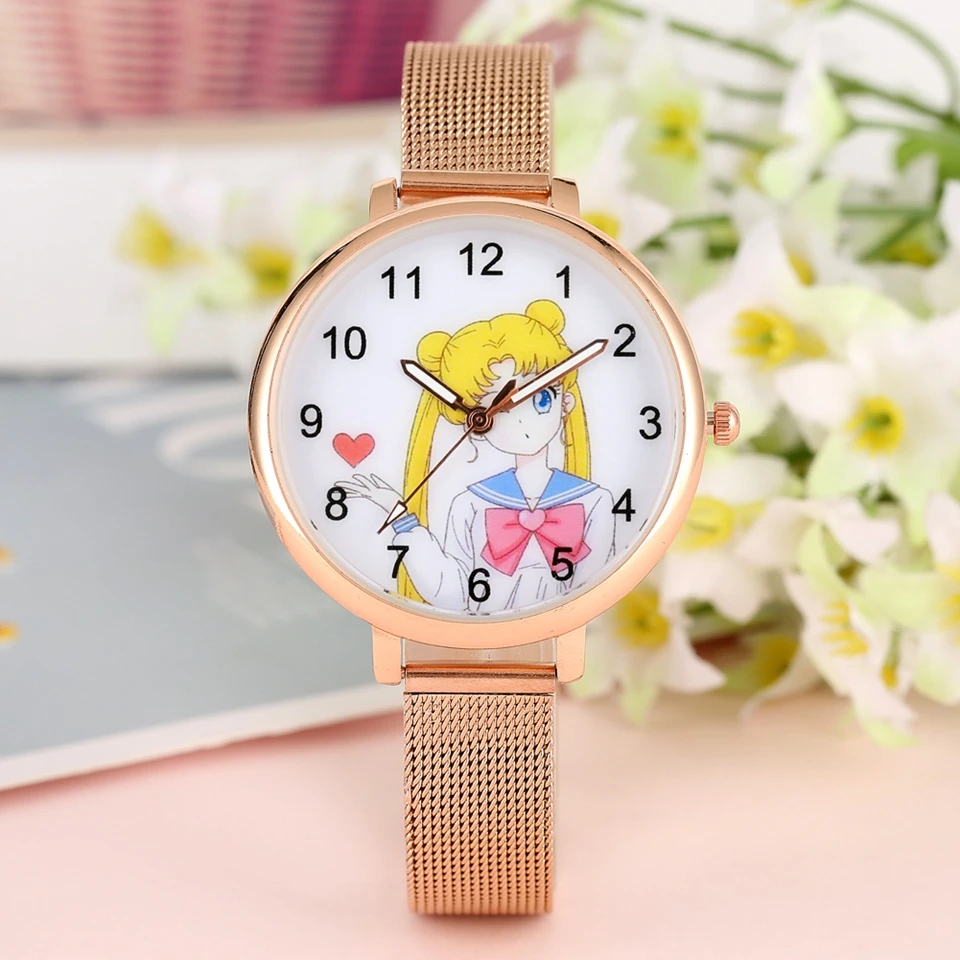 Sailor Moon, женские часы-браслет, модные, розовое золото, сетчатый ремешок, кварцевые женские часы, женские часы, часы, подарки, Relogio Feminino