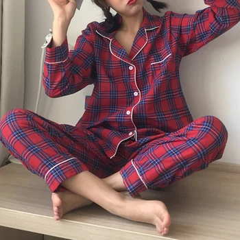 

Women Pajama Two Pieces Sets Plaid Style Turn-down Collar Sleepwear Long Sleeve Spring Nightwear Female Autumn Home Wear Suits