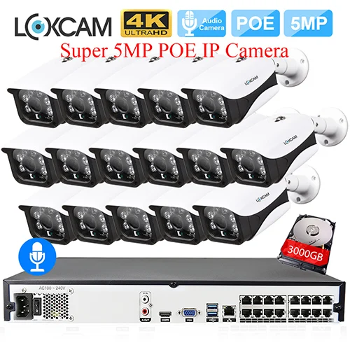 16CH NVR x 16 Camera LOXCAM H.265+ 16CH 4K POE NVR комплект 5MP система видеонаблюдения 5MP аудио Крытый Открытый Антивандальный безопасности ip-камера видеонаблюдения комплект - Цвет: 16CH NVR x 16 Camera