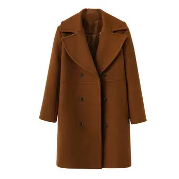 

Women Winter Wool Overcoat Lapel Solid Color Long Outwear Loose Casual Female Double Breasted Coat T