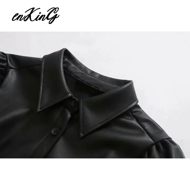 Английская уличная кожаная рубашка с пышными рукавами blusas mujer de moda PU короткая рубашка женские Топы И Футболки