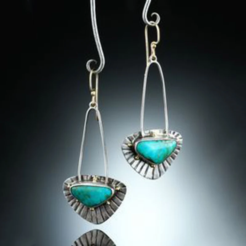 

Vintage Geometry Triangle Blue Stone Long Drop Earrings for Women Indian Jewelry Ear Hook Boho Tribal Earrings Brincos Z3D268