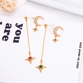 

kissme Asymmetric Moon Star Dangle Earrings For Women Gifts Delicate Red&Green Zircon Gold Color Brass Fashion Jewelry Wholesale
